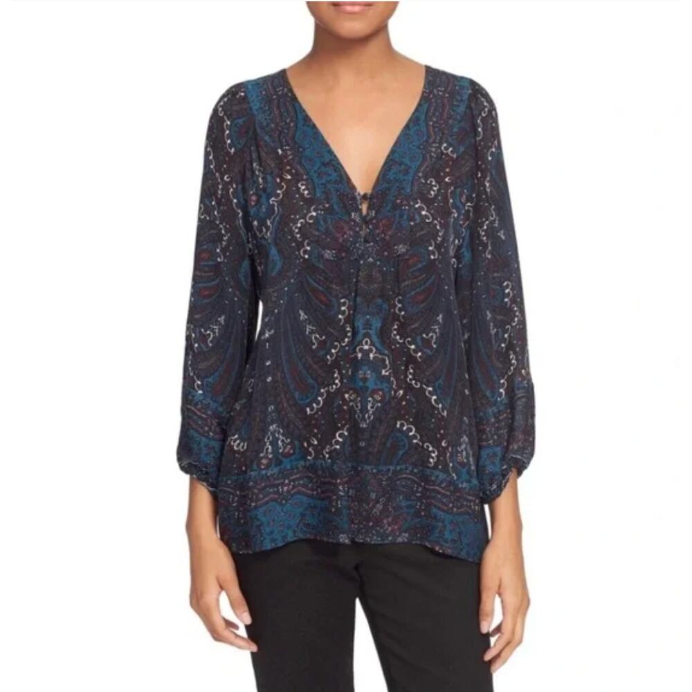 Joie women L blue multi Amatite V-Neck 100% Silk Paisley Print Top Blouse Shirt